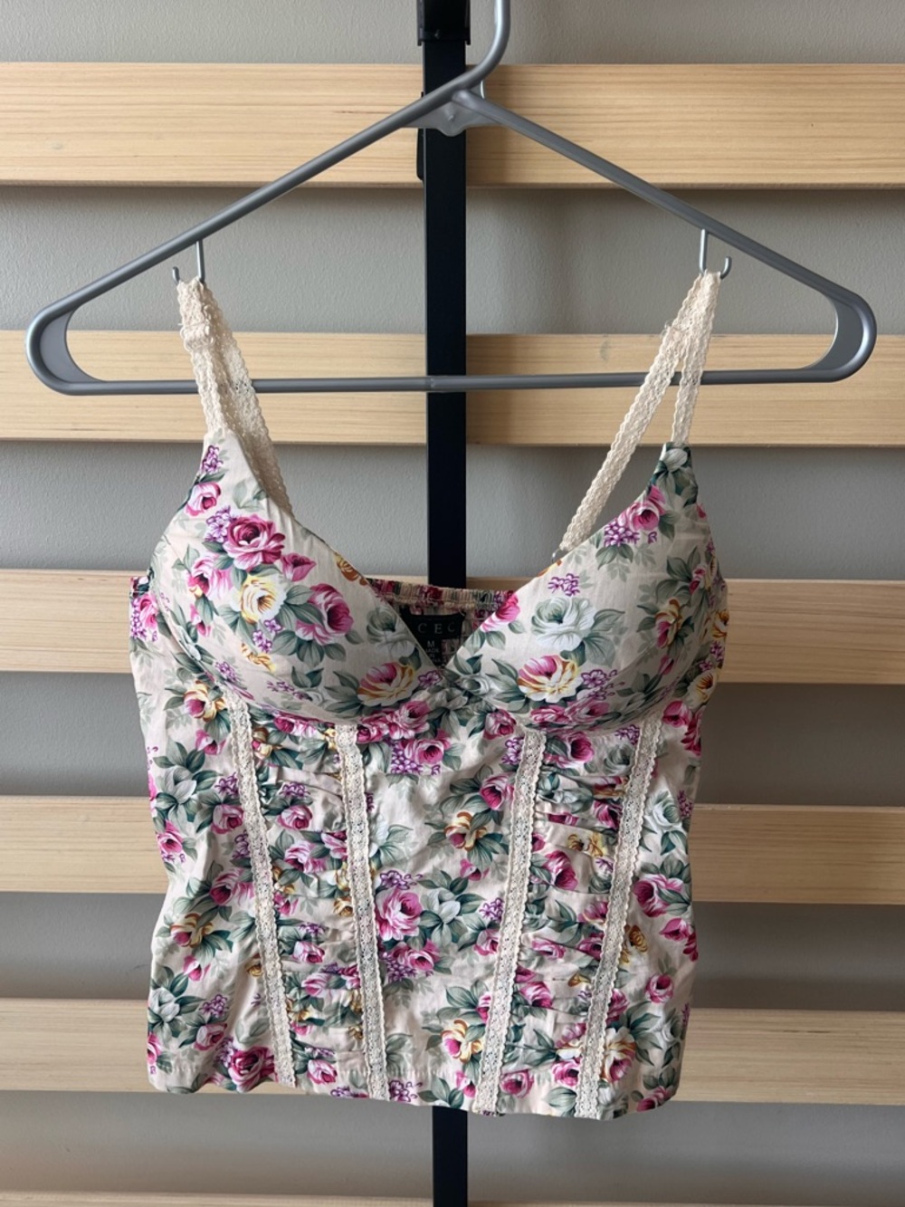 Floral Lace-Trim Bustier Top - Cream & Pink
